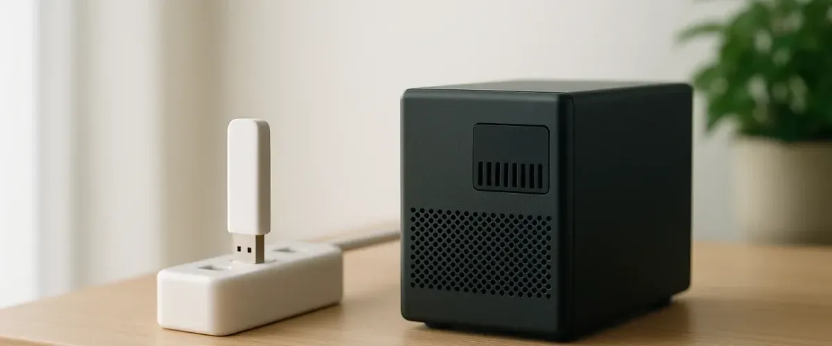 Clé USB Zigbee branchée sur une rallonge près d’un serveur