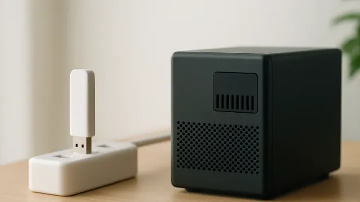 Clé USB Zigbee branchée sur une rallonge près d’un serveur