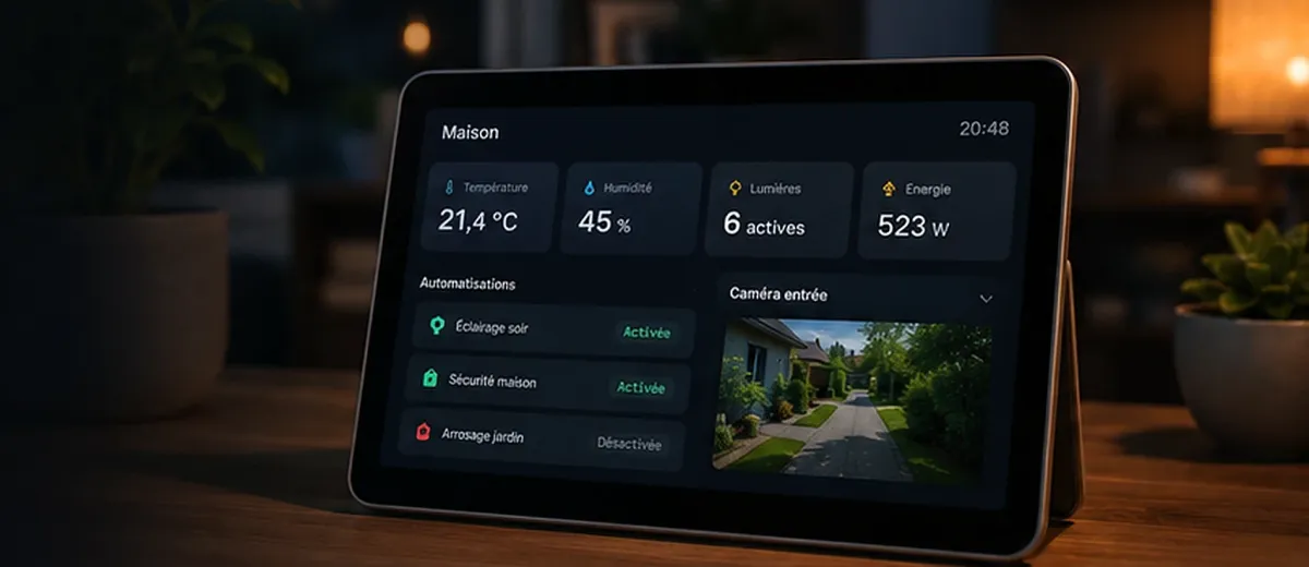 Tablette Home Assistant posée sur un meuble en bois