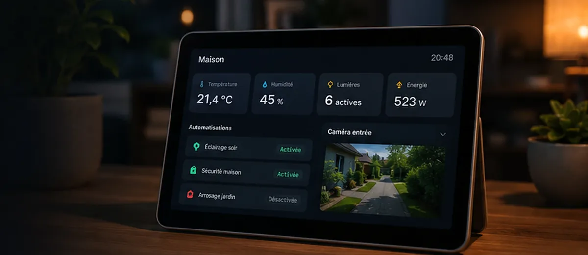 Tablette Home Assistant posée sur un meuble en bois