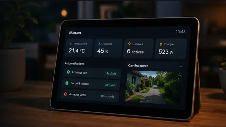 Tablette Home Assistant posée sur un meuble en bois