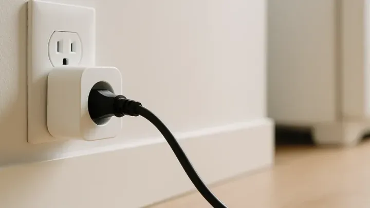 Prise connectée blanche branchée au mur d’un intérieur clair