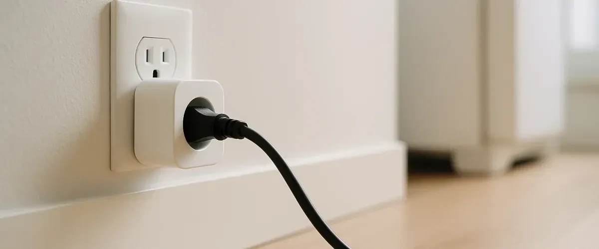 Prise connectée blanche branchée au mur d’un intérieur clair