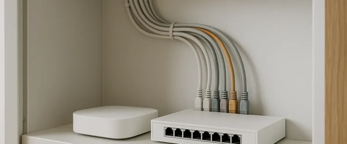 Routeur et switch réseau rangés dans un placard technique