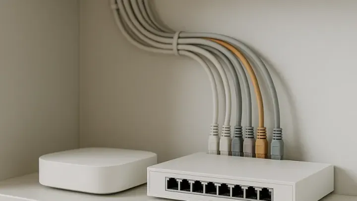 Routeur et switch réseau rangés dans un placard technique